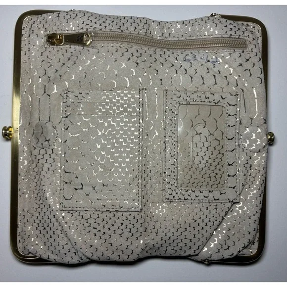 HOBO The Original Lauren Clutch Wallet Gold Exotic Print Suede Leather Money - Picture 2 of 8